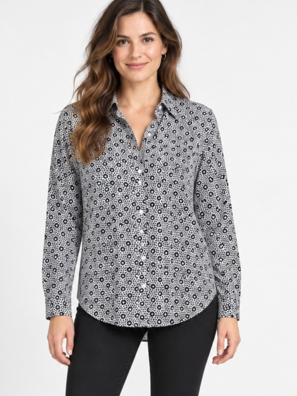Relative π Black & White Floral Print 100% Silk Button-Down Shirt Size Small